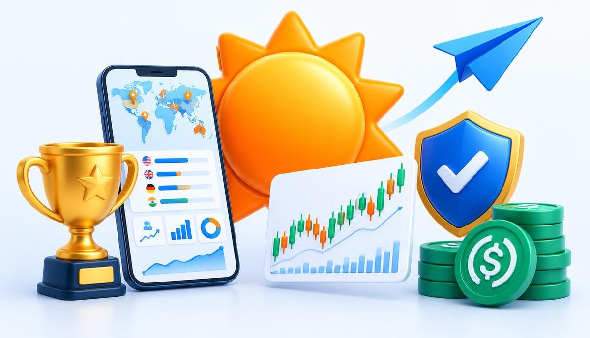Adsun for forex advertisers: orange sun badge with trophy, phone dashboard with country targeting and stats, forex chart, verified shield and stablecoins