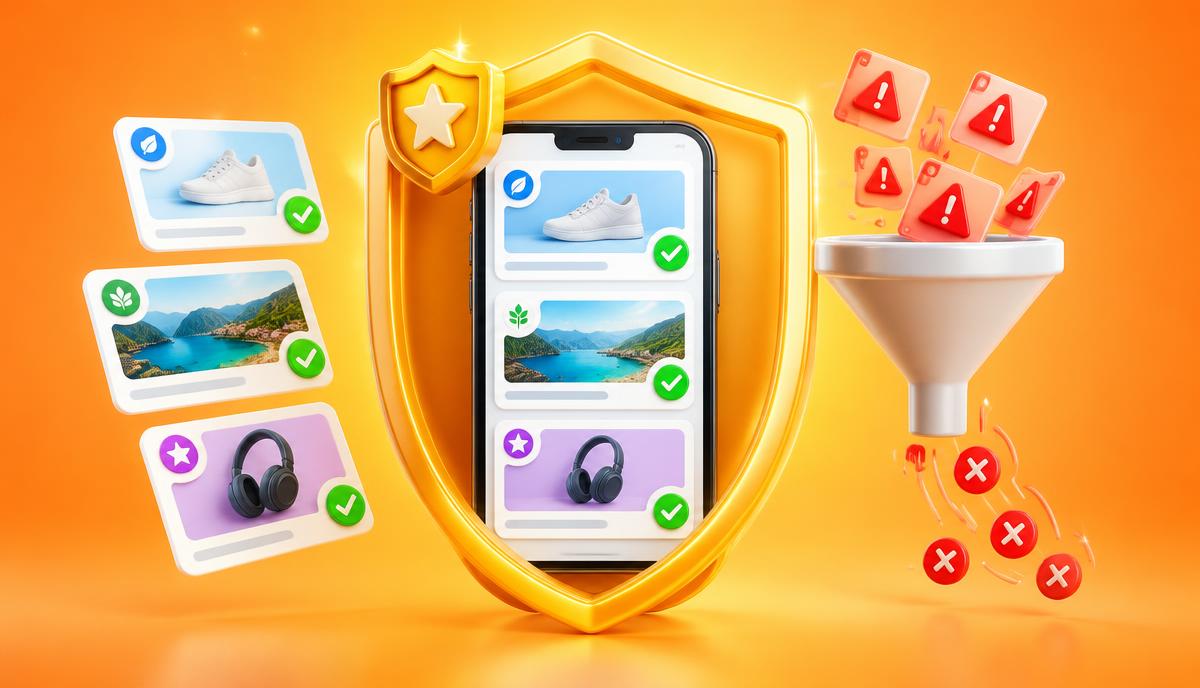Telegram ads brand safety: shield around phone with safe ads while warning content is filtered out