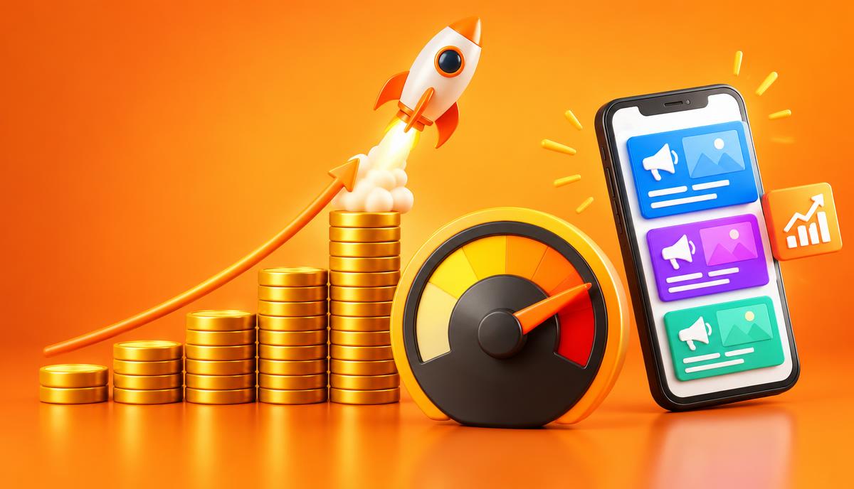 Scaling Telegram ad budgets: growing coin stairs, rocket, budget gauge and phone with ads