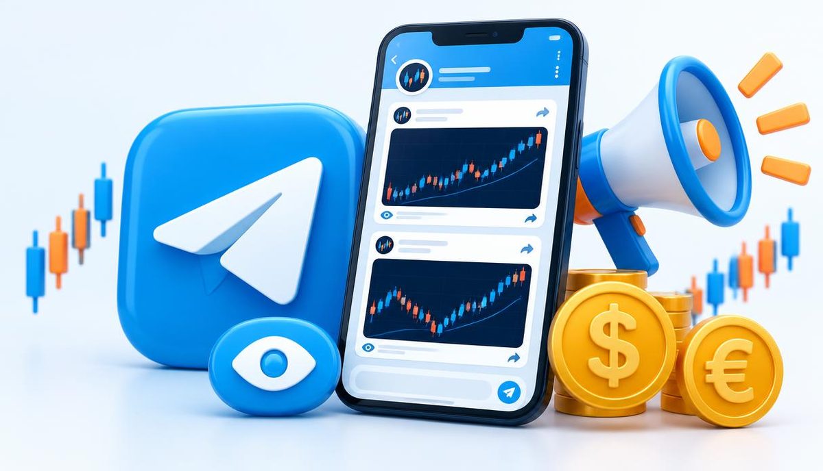 Forex Telegram channels: phone with forex chart posts in a Telegram channel, paper plane icon, megaphone, view counter and dollar and euro coins