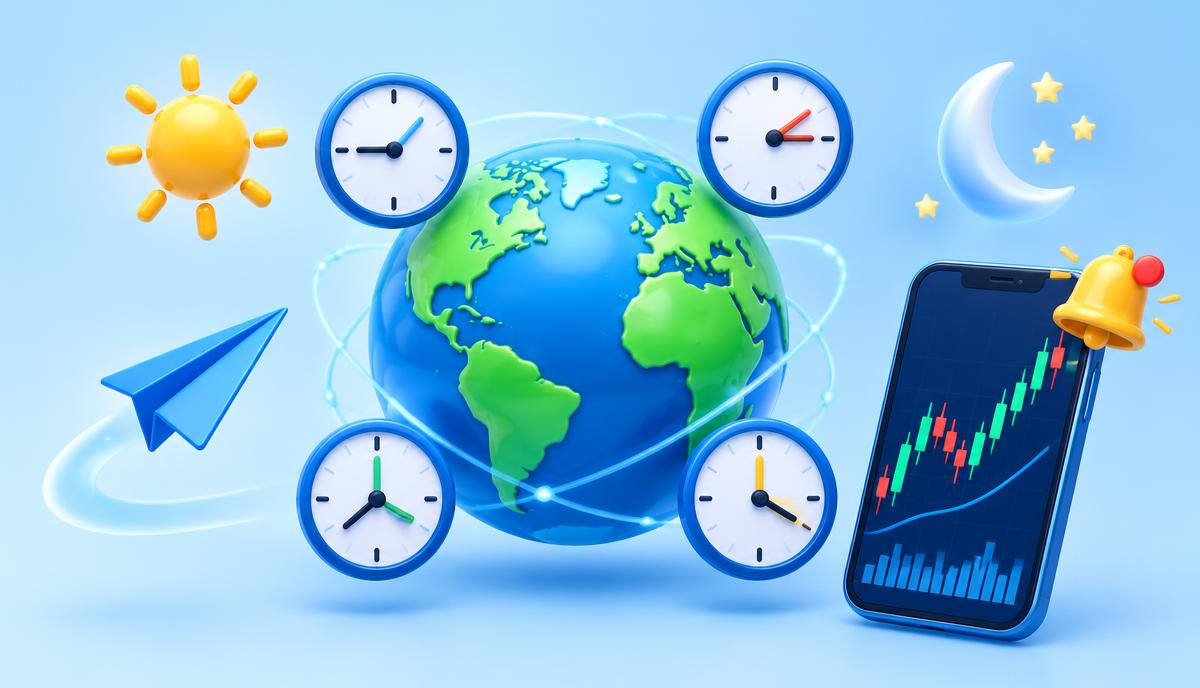 Forex trading sessions: globe surrounded by four world clocks, sun and moon, and a phone with a forex chart and notification bell