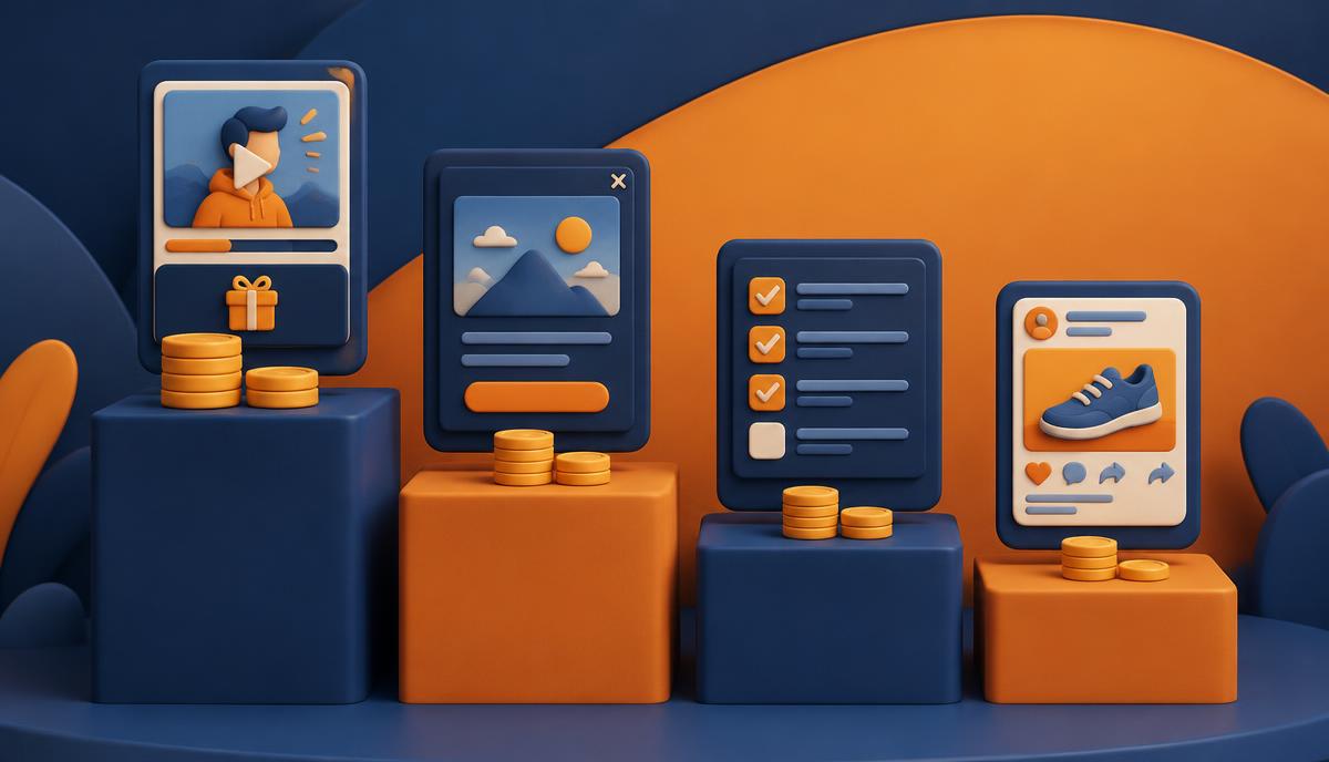 Rewarded, interstitial, task and native ad cards on podiums of different heights with different coin stacks
