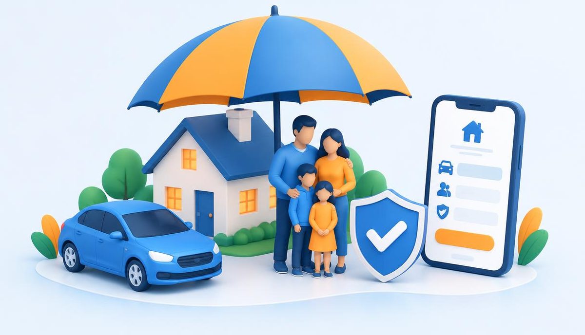 Telegram ads for insurance: umbrella over house, car and family, shield with checkmark and phone quote form