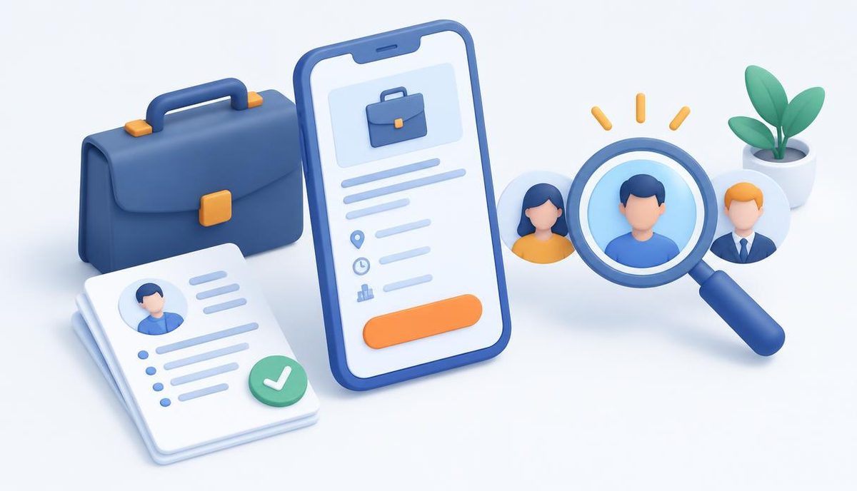 Telegram ads for recruitment: phone with job posting and apply button, briefcase, resume with checkmark and candidate search