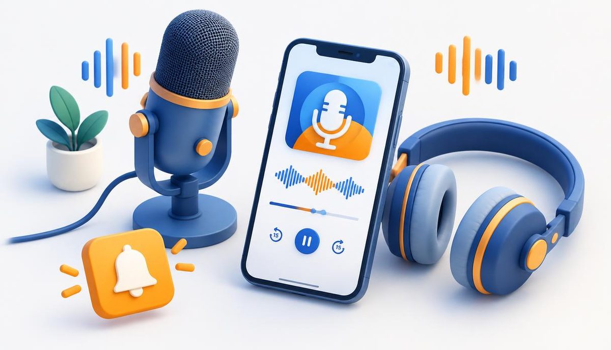 Telegram ads for podcasts: studio microphone, phone podcast player with waveform, headphones and notification bell