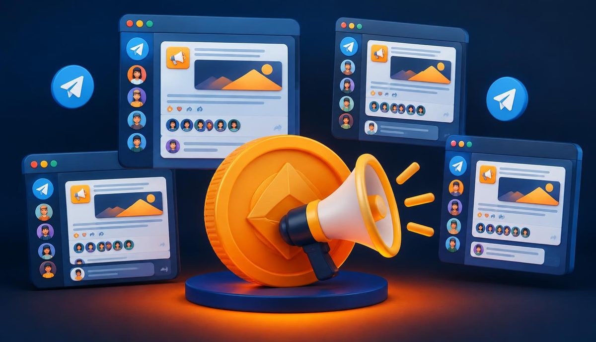Crypto coin with a megaphone and Telegram community windows — Telegram shilling