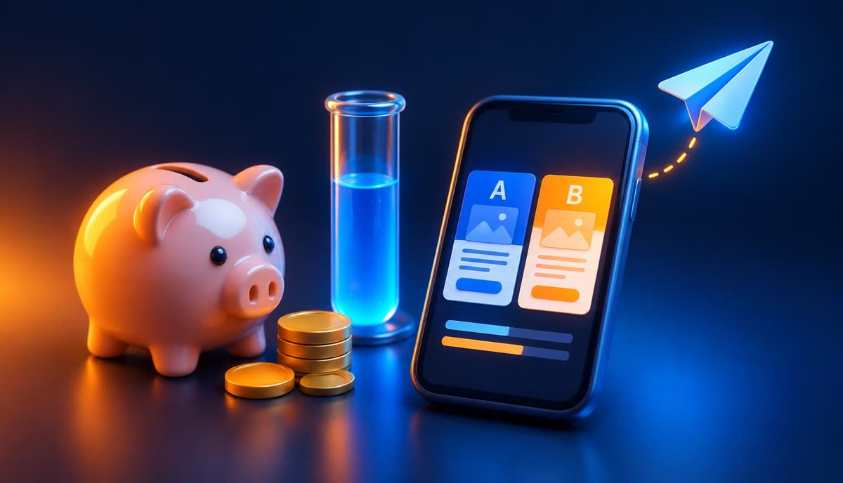 Piggy bank, test tube and A/B creative test on a phone — testing a Telegram ad network on a small budget