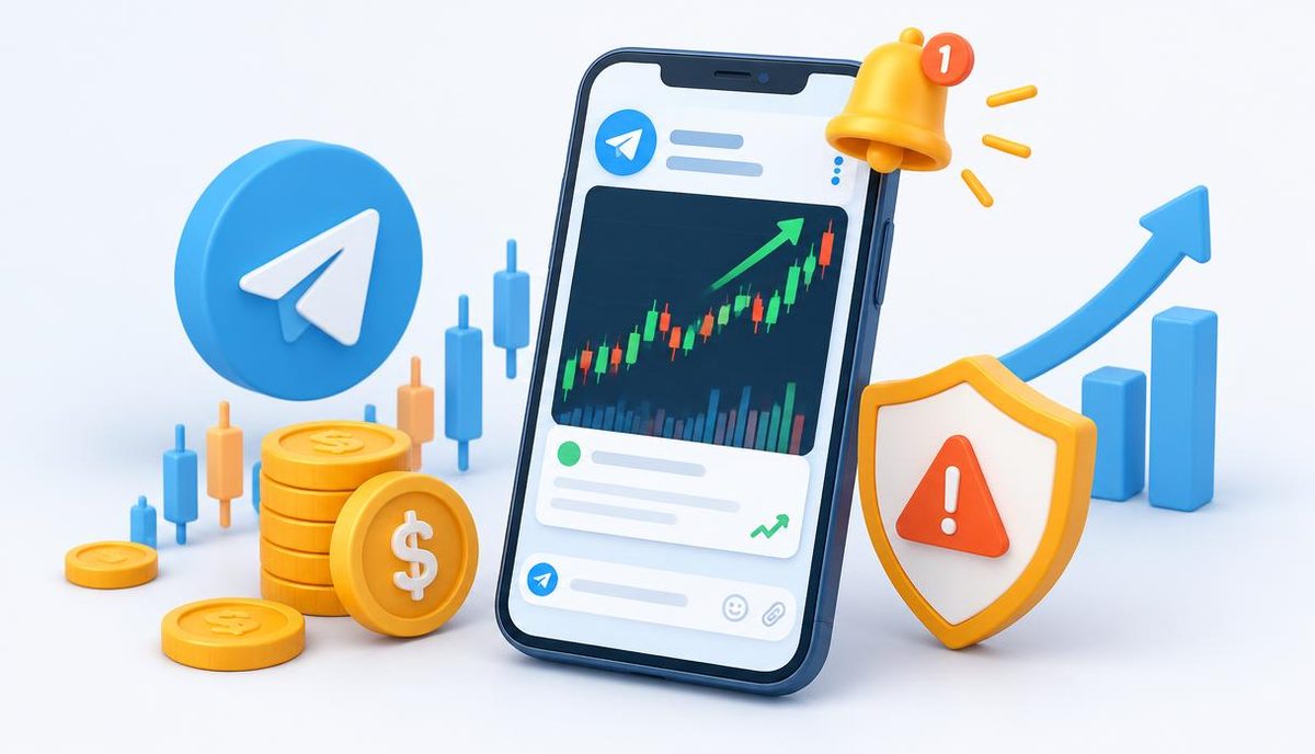 Promoting a trading channel on Telegram: phone with candlestick chart, notification bell, coins and risk warning shield