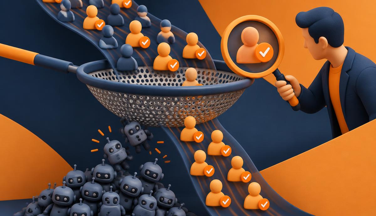 Sieve filtering real users from fake bot traffic while an advertiser inspects with a magnifying glass